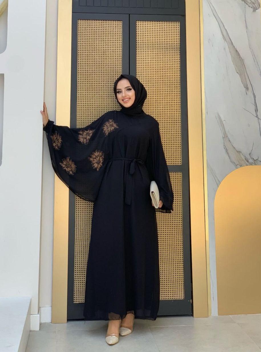 Schwarze Abaya, bestickt mit wunderschönen goldenen Fäden - kleopatramarkt