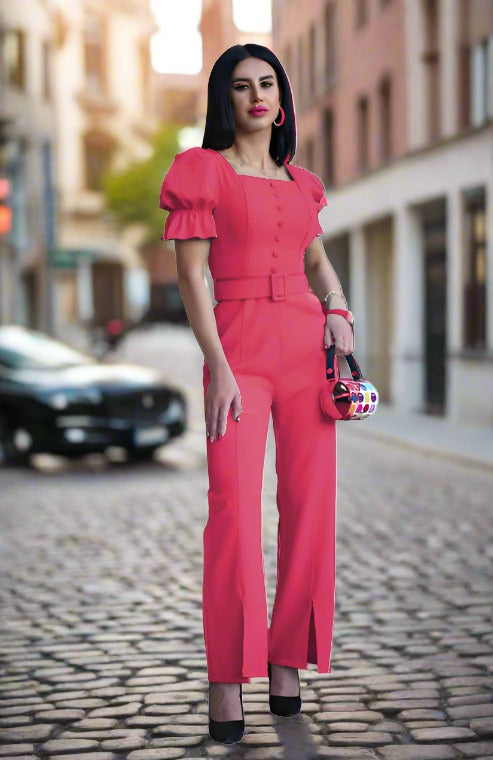 Lange Jumpsuit mit Kurze Puffärmel mit knöpfen mit Gürtel
