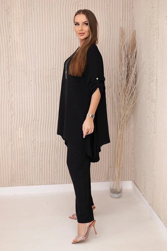 Zweiteiler lang Set - Bluse + Hose mit Kette