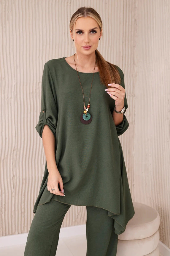 Zweiteiler lang Set - Bluse + Hose mit Kette